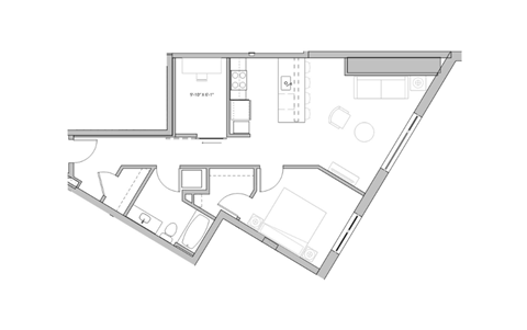 Floor plan for 1 bed, 1 bath, 896 sqft